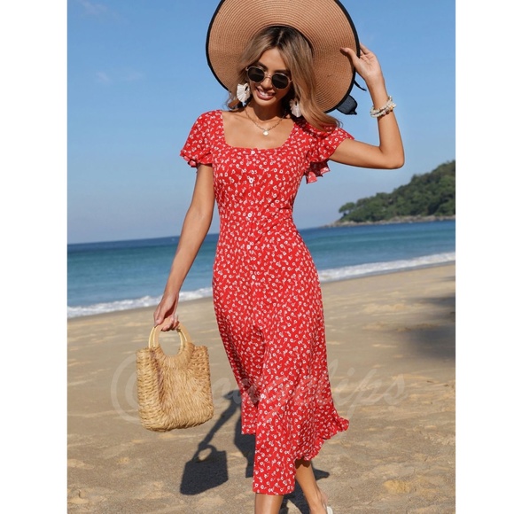 Rouge! Dresses & Skirts - Boho Red Floral Square Neck Ruffle Hem Midi Length, A Line Button Up Dress